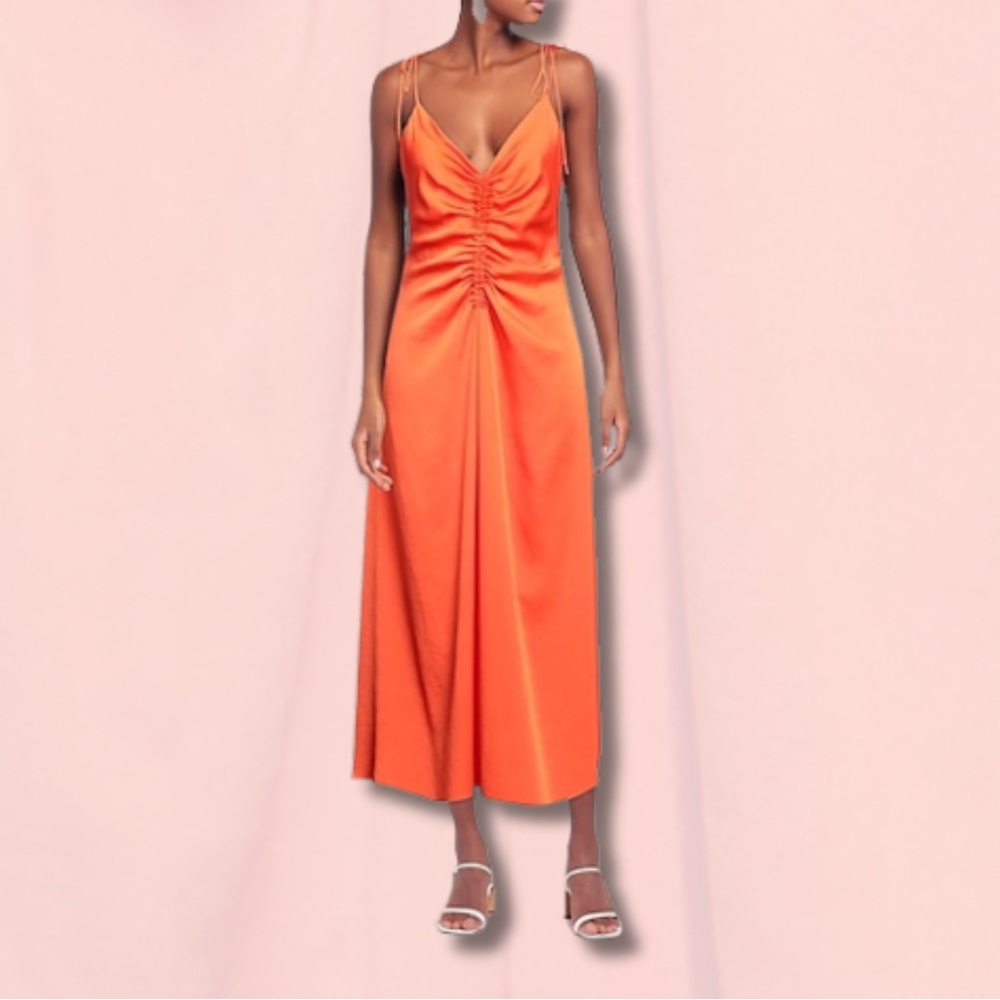 🧡 SANDRO PARIS Orange Ruched Front Satin Midi Slip Dress | Size FR 38 / US 6
